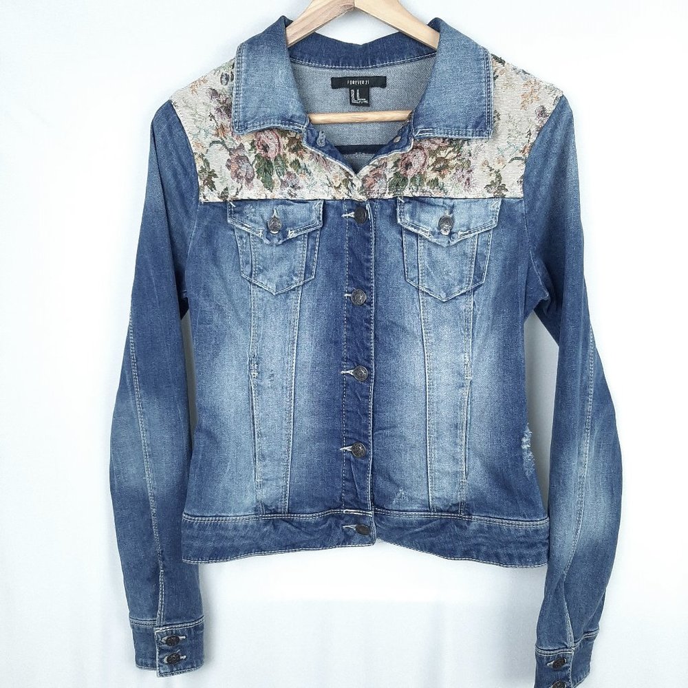 F21 Floral Rose Denim Jean Jacket